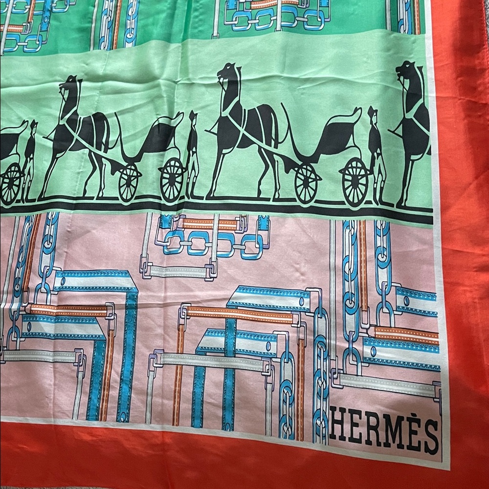 Hermès Silk Scarf in Mint, Coral & Pink with Equestrian Motif
